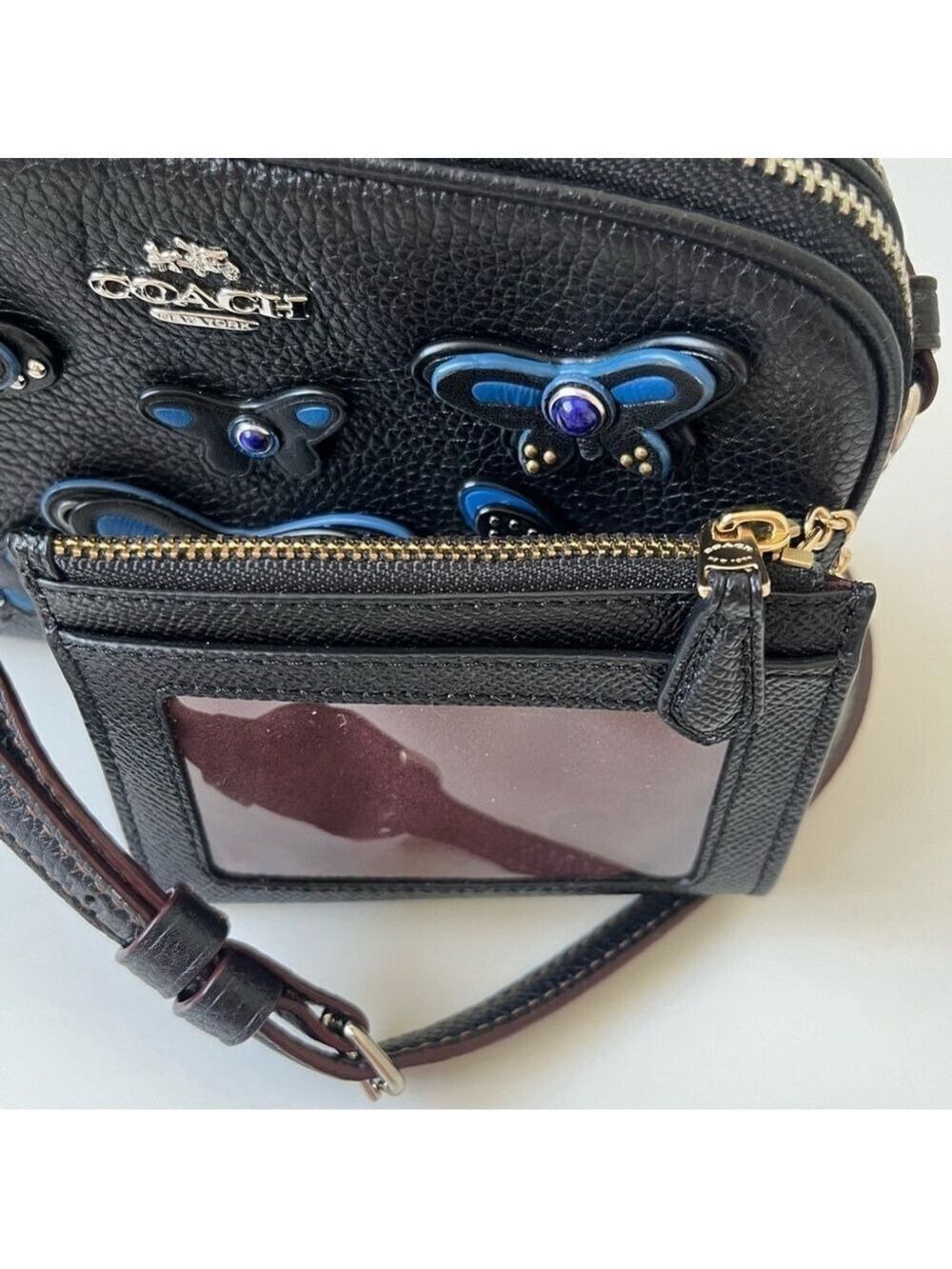 Coach Butterfly Applique Black Blue Butterfly Leather with cards, coins, id case - Picture 3 of 11